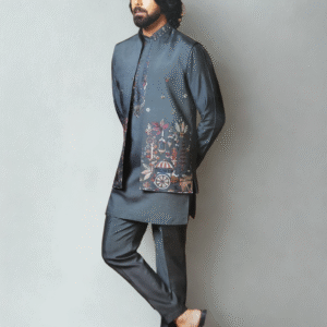 Regal Charcoal Embroidered Loung Koti Kurta Set - Image 2