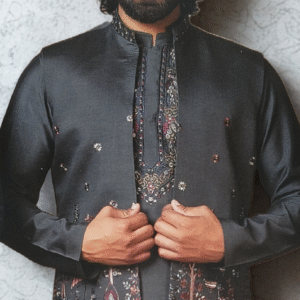 Regal Charcoal Embroidered Loung Koti Kurta Set - Image 3