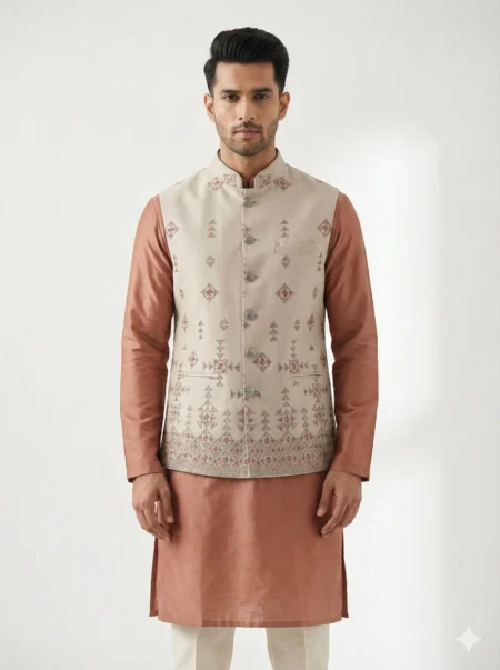 Grey Embroidered Nehru Jacket For Men Indian Wedding Koti Ethnic Waistcoat Groom Groomsmen Wear