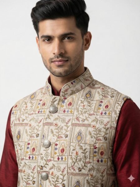 Detailed Resham Embroidered Art Silk Waistcoat with Bandhgala Collar